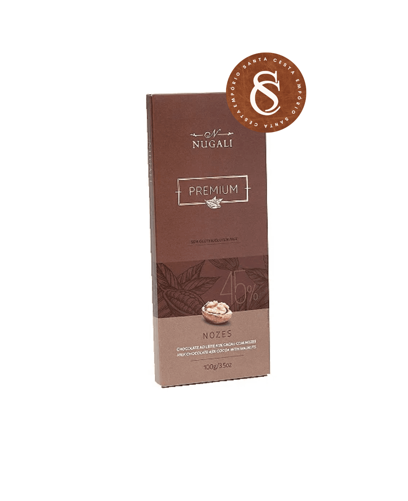 BARRA DE CHOCOLATE AO LEITE 45% COM NOZES NUGALI 100G