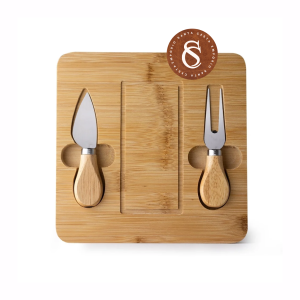 KIT QUEIJO COM TÁBUA DE BAMBU, FACA COM PONTA E GARFO