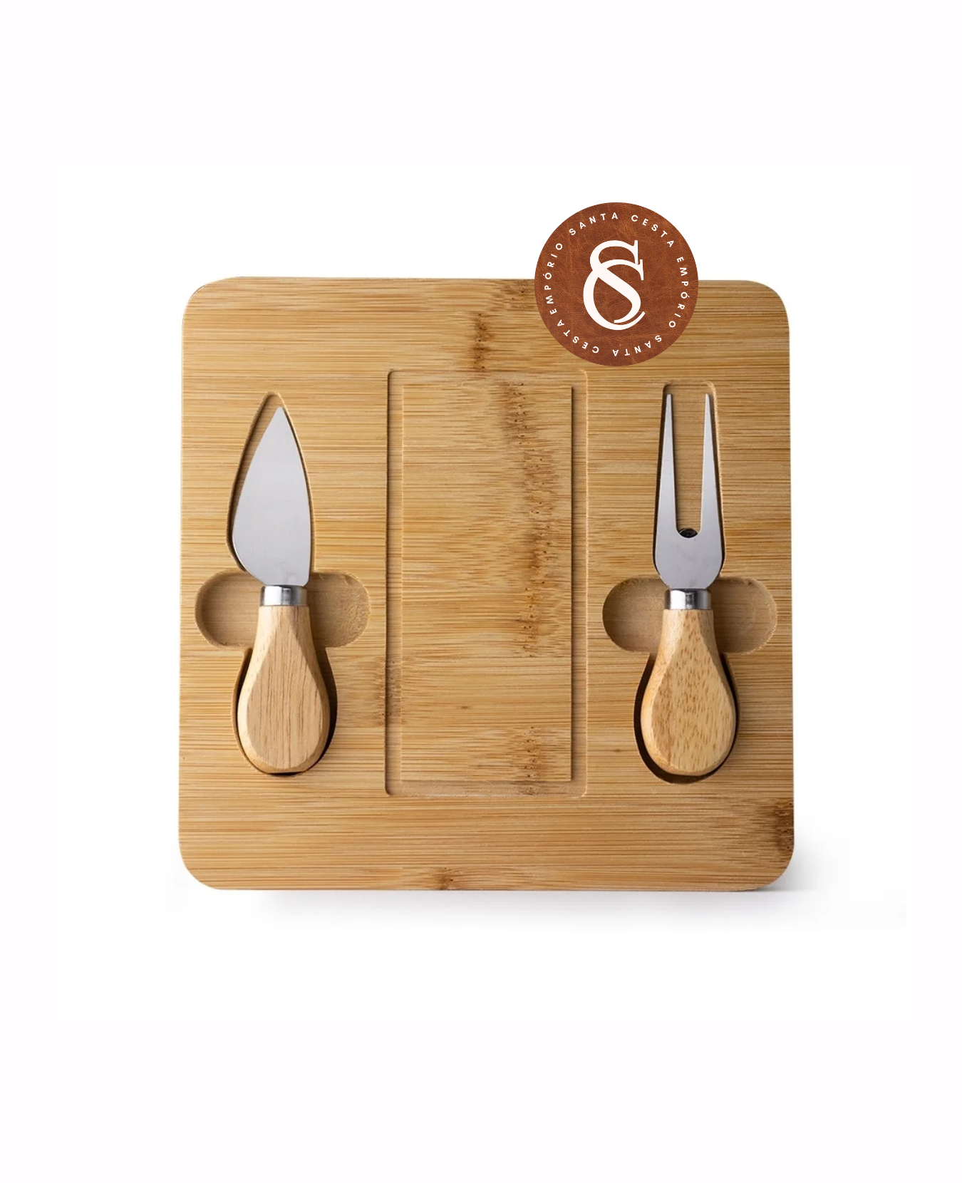 KIT QUEIJO COM TÁBUA DE BAMBU, FACA COM PONTA E GARFO