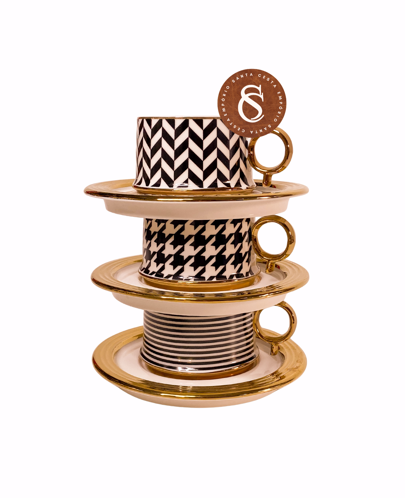 XÍCARA DE CAFÉ COM PIRES 100ML PRETO, BRANCA E DOURADO