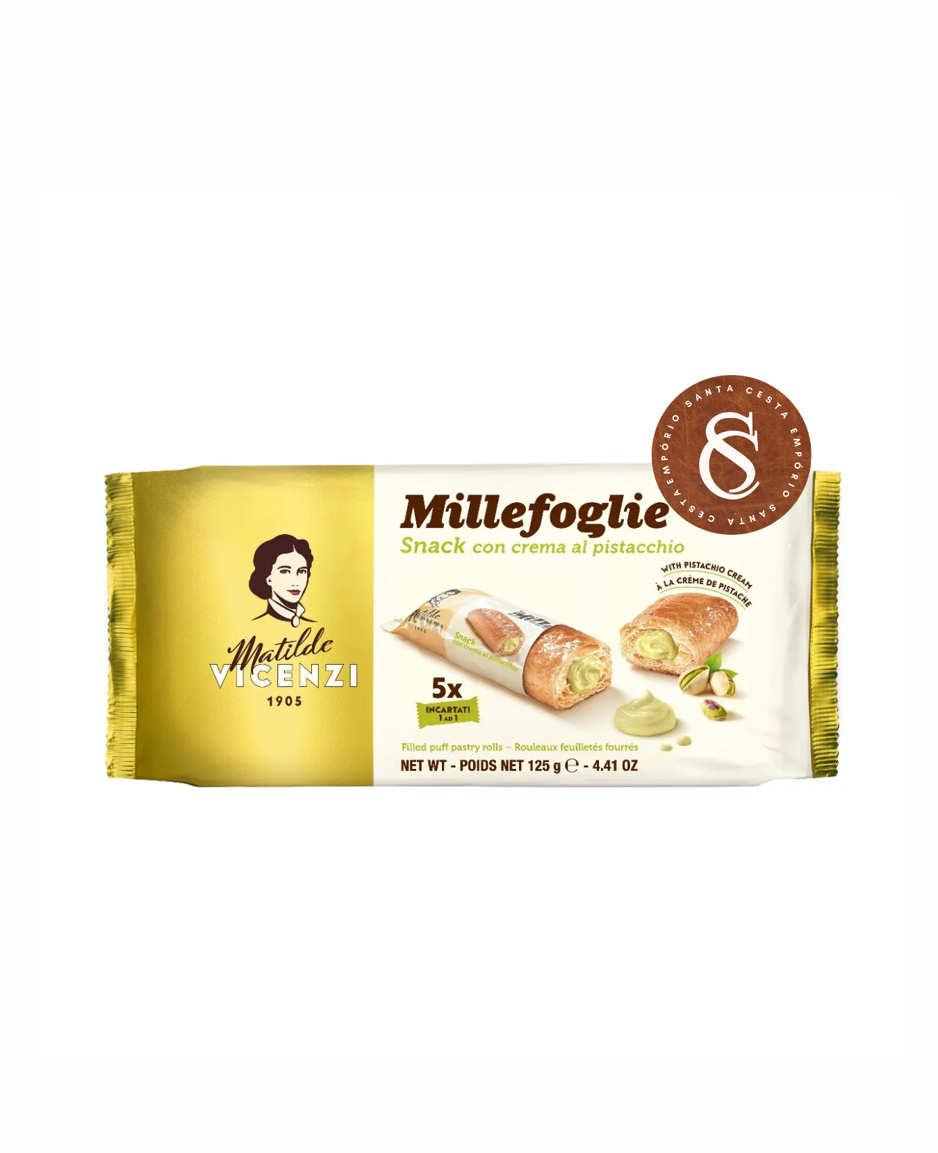BISCOITO FOLHADO RECHEADO COM CREME DE PISTACHE MATILDE VICENZI 125G