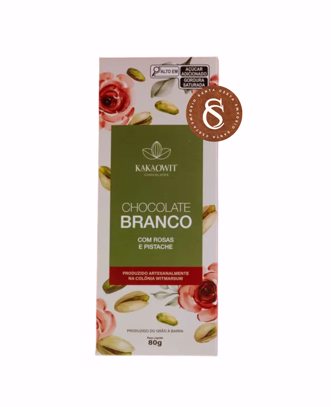 BARRA DE CHOCOLATE BRANCO COM ROSAS E PISTACHE KAKAOWIT 80G