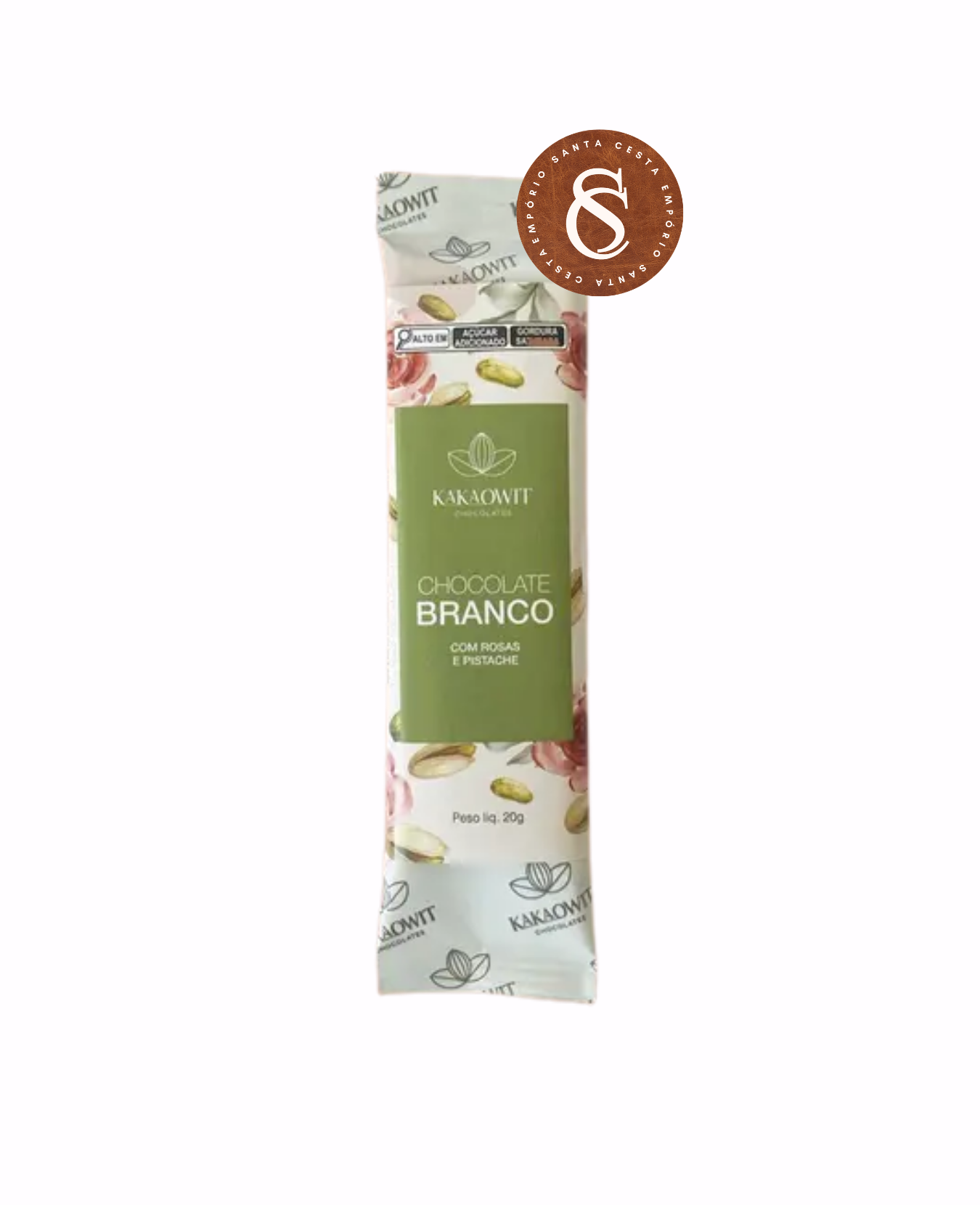 MINI BARRA DE CHOCOLATE BRANCO COM ROSAS E PISTACHE KAKAOWIT 20G
