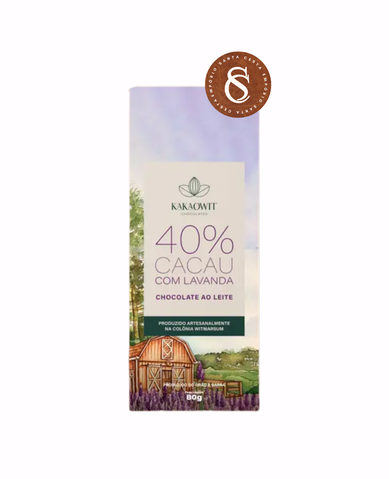BARRA DE CHOCOLATE AO LEITE 40% CACAU COM LAVANDA KAKAOWIT 80G