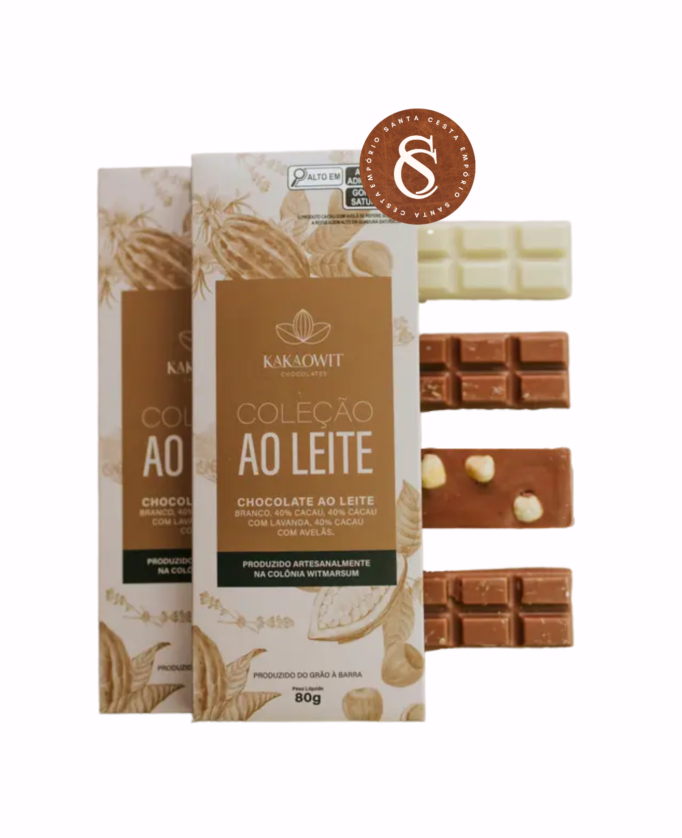 COLEÇÃO DE CHOCOLATE AO LEITE 40%, BRANCO, 40% COM LAVANDA E 40% CACAU COM AVELÃS KAKAOWIT 80G (4X 20G)