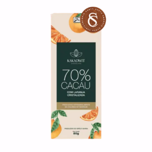 BARRA DE CHOCOLATE MEIO AMARGO 70% CACAU COM LARANJA CRISTALIZADA KAKAOWIT 80G