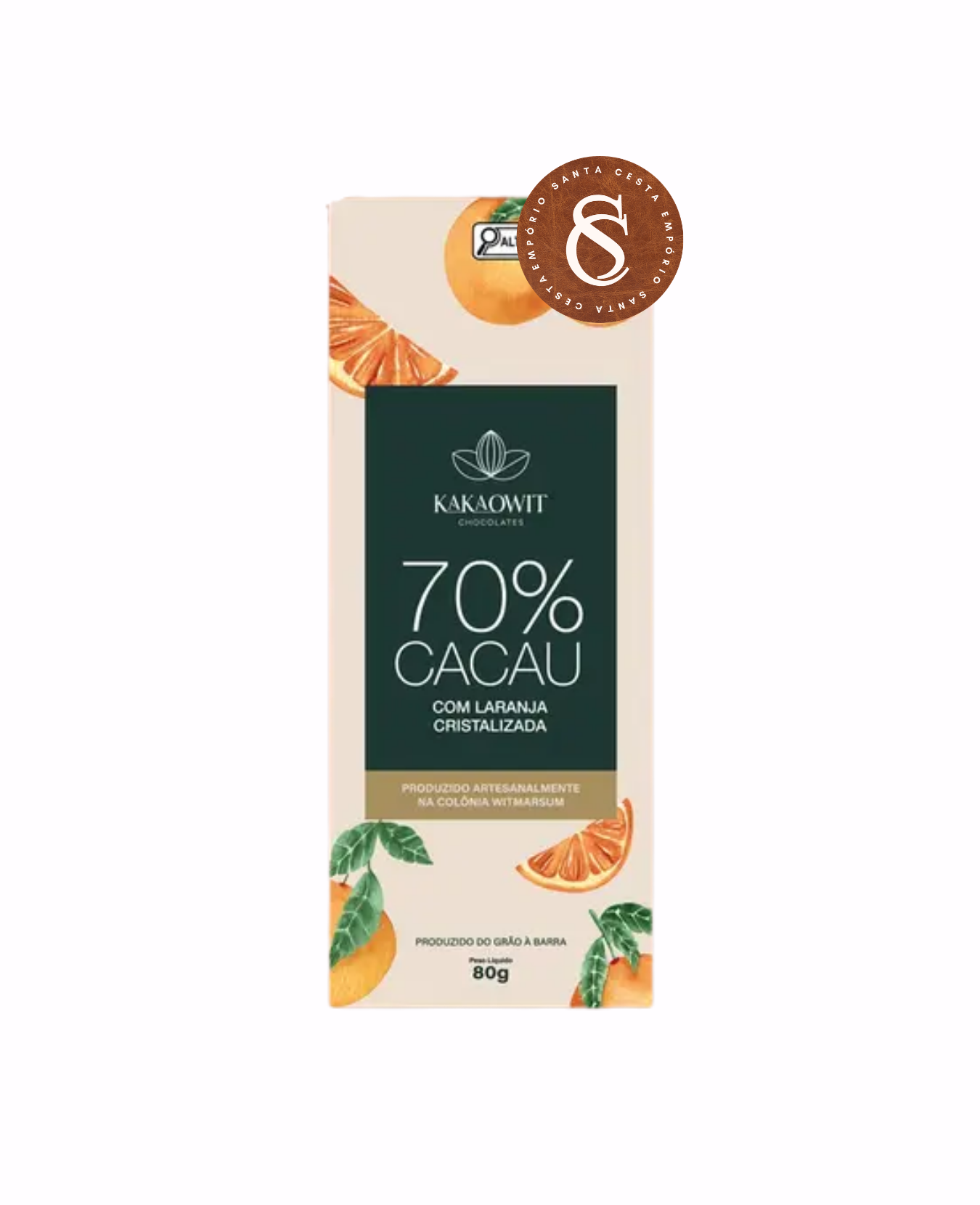 BARRA DE CHOCOLATE MEIO AMARGO 70% CACAU COM LARANJA CRISTALIZADA KAKAOWIT 80G
