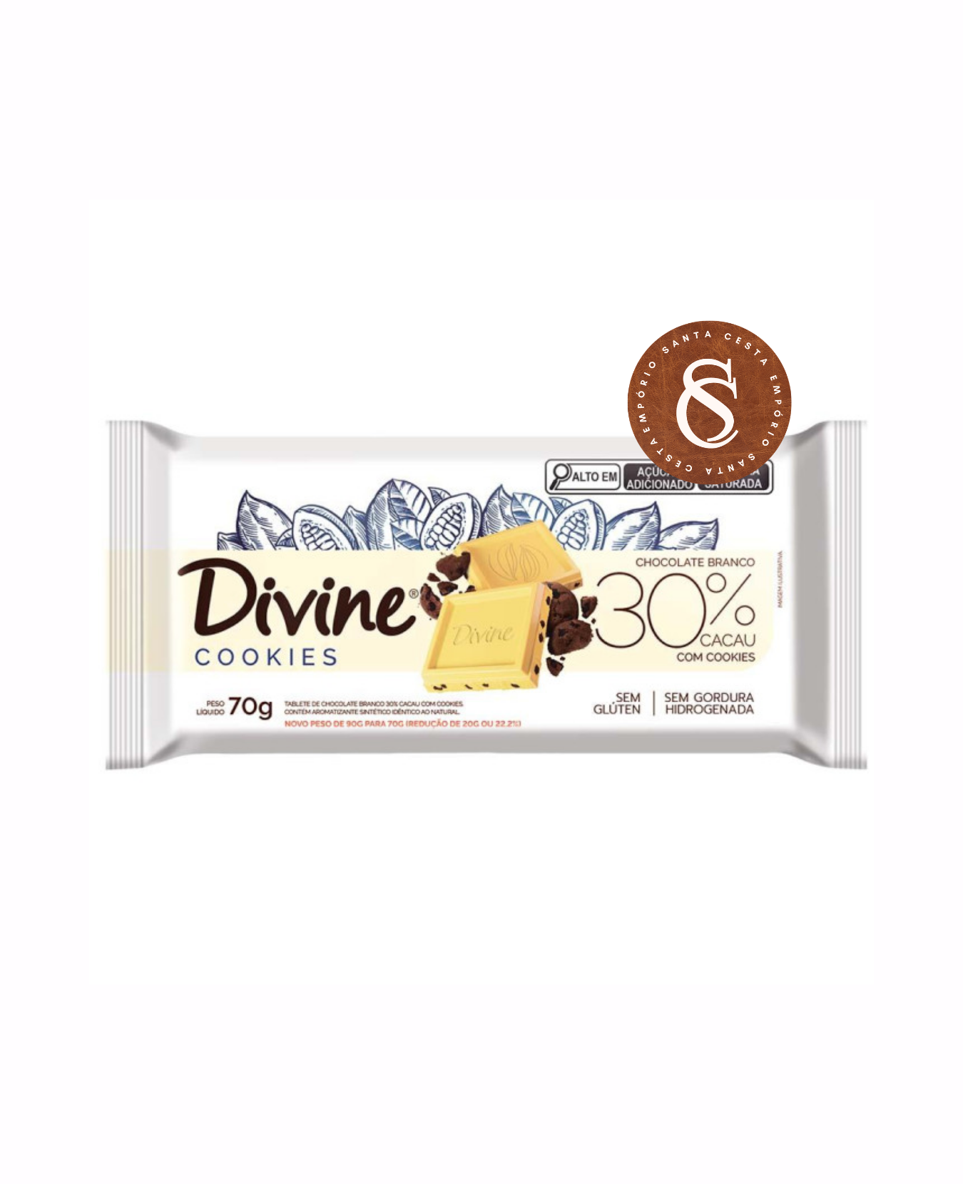 BARRA DE CHOCOLATE BRANCO 30% CACAU COM COOKIES DIVINE 70G